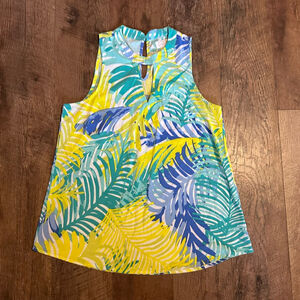 Women’s Mud Pie Tank Top Size S Yellow Blue Palm Print Sleeveless
